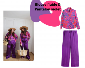 pantalon fluide, pantalon violet, blouse rose
